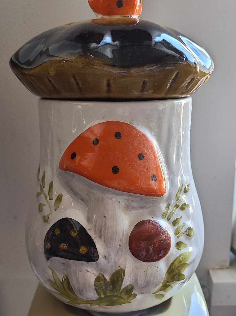 1970's Hand-Painted Mushroom Ceramic Jar in Orange and Brown